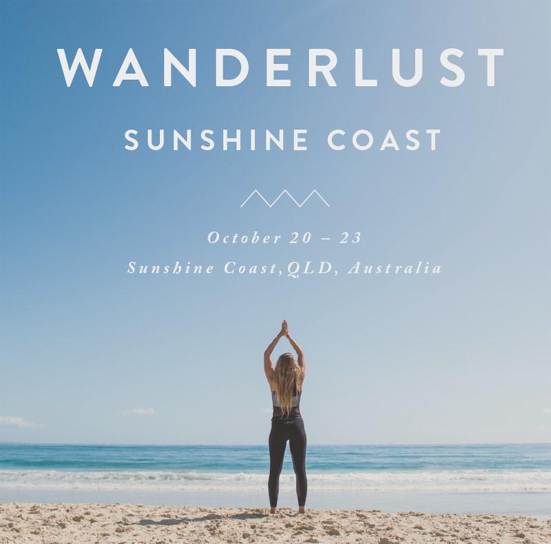 Wanderlust Sunshine Coast - October 20 - 23, Sunshine Coast, QLD Australia | Event Poster of an activewear wearing woman putting her hands above her head at a Sunshine Coast beach